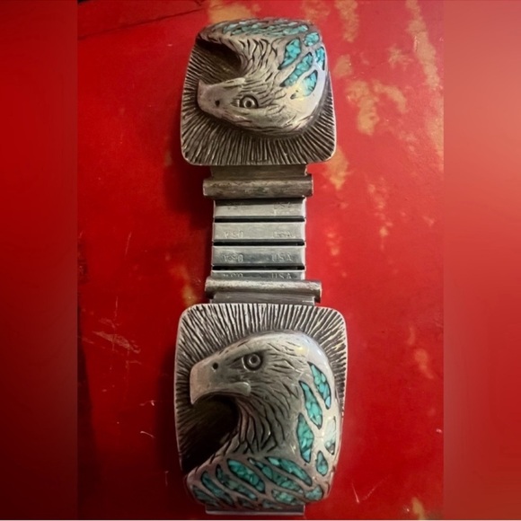 Vintage Native American NAVAJO Sterling Silver Watch Band W Turquoise Inlay - Picture 7 of 7